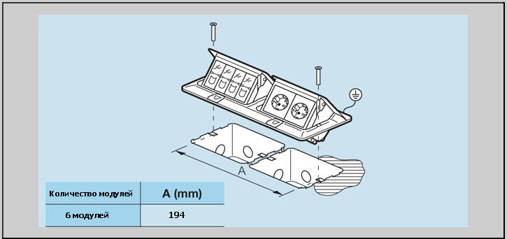 Размеры между крепежными винтами при монтаже розеточного блока на 6 модулей Легранд